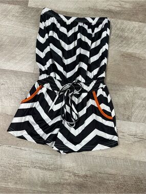 Black & White Chevron Strapless Romper with Orange Trim
